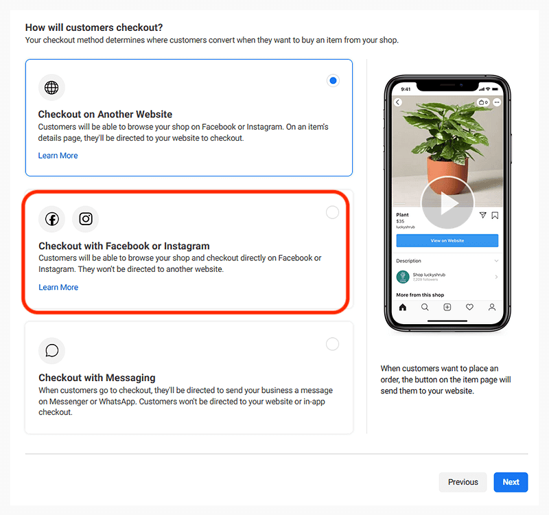 Facebook og instragram checkout